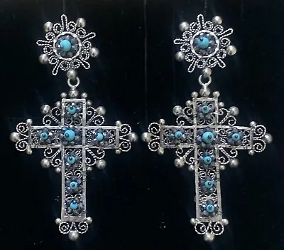 LARGE Mexican Sterling Silver Fine Filigree Turquoise Cross Earrings • $328