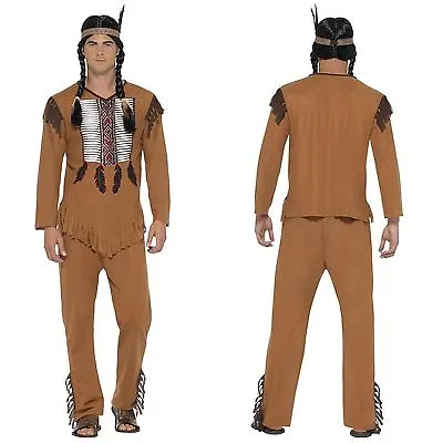 Mens Red Indian Native American Cowboys Fancy Dress Costume Brown Suede Look 3pc • £22.39