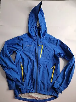 Mammut Jacket Mens L Blue Dry Tech Premium Waterproof Hood Zip Shell Rain Flawed • $40.05