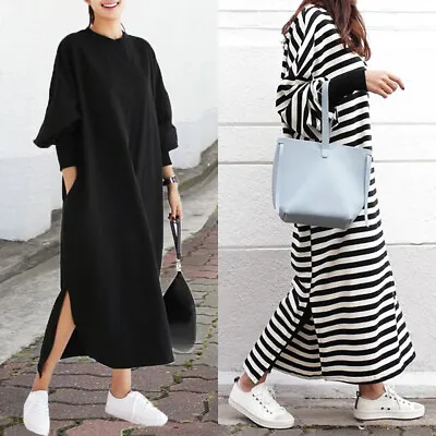ZANZEA Women Winter Striped Kaftan Abaya Loose Baggy Slit Long Sleeve Maxi Dress • $29.69