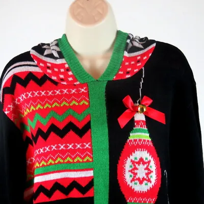 Christmas Ugly Sweater Sz L / XL Hoodie Long Sleeve Jingle Bells Ornaments • $12.99