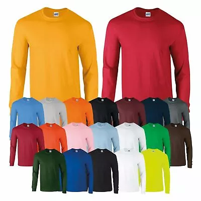 Gildan Men's Long Full Sleeve T-Shirt Classic Crew Neck Casual Heavy Cotton TOP • £8.38