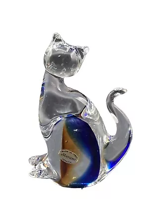 Vintage Vecchia Murano Italy Art Glass Cat Clear Blue Figurine 6t  4w Label • $39.99