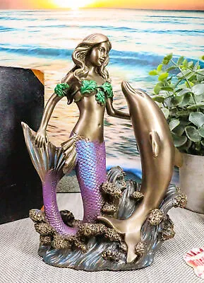 Art Nouveau Ocean Siren Mermaid With Bottlenose Dolphin Statue Nautical Decor • $37.99