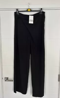 Zara Black Linen Trousers New With Tags XL 14 16 Wide Leg High Wais • £13.46