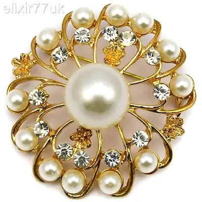 New Gold Flower Faux Pearl Brooch Diamante Crystal Wedding Party Broach Gift Uk • £5.50