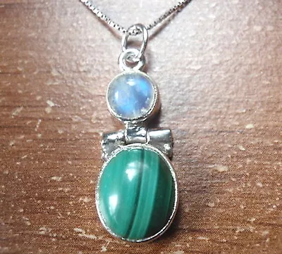 Malachite And Moonstone Double-Gem 925 Sterling Silver Pendant • $11.99