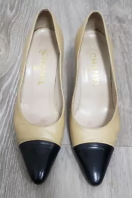 Chanel Vintage Tan/Beige Leather Pumps  Black Toe Caps • $110