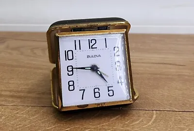 Vintage BULOVA Wind Up Travel Alarm Clock Gold Trim & Brown Folding Case   • $0.99