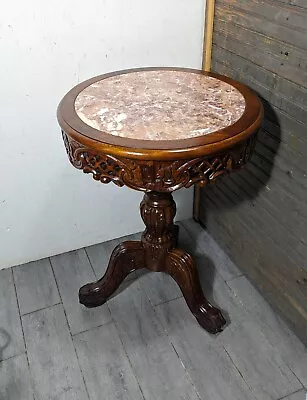 Vintage Asian Victorian Style Carved Fruitwood And Marble Round Pedestal Table • $360