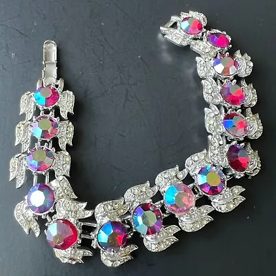 Vintage Red AB Crystal Silver Tone Mid Century Rhinestone Bracelet A773 • $12.50