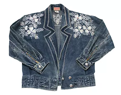 Vintage 80s Women's M Studded Embroidered Rhinestone Dolman Sleeve Denim Jacket • £28.50