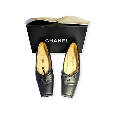 8.5B Vintage Black Leather Ballet Shoes Square Toe Pointe Original Box Chanel • $444.99