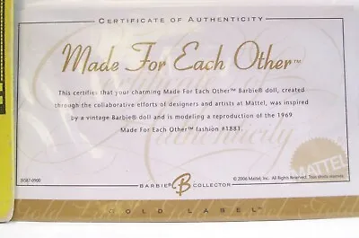 Mattel Made For Each Other Repro Barbie Certificate Of Authenticity Coa Only • $3.59