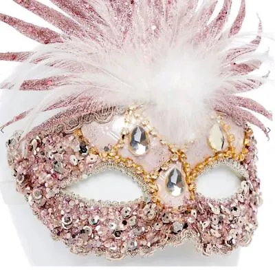 Masquerade MASK Pink Feathers Sequins Glitter Deluxe Mystery Party Ladies Ball • £18.95