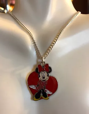 Minnie Mouse Charm Heart Necklace Pendant 16  Silver Plated Gift BoxedUSA • $11.30