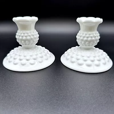 Fenton White Milk Glass Hobnail Candlestick Holders Set Of 2 Vintage • $14.99