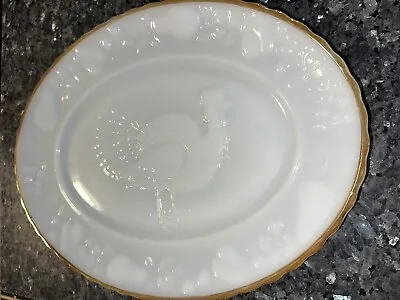 Anchor Hocking Turkey 🦃Meat Serving Platter Milk Glass Gold Trim 16” PRISTINE🎄 • $29.50