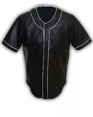 Mens Base Ball Jersey Style Shirt Real Soft Lambskin Leather Black Shirt Bluf • $104.99