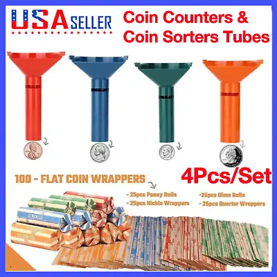 4Pc Coin Counters & Coin Sorters Tubes Bundle Of 4 Color-Coded Assorted Wrappers • $13.98