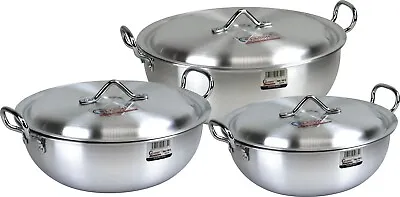 3pc Aluminium Kadai Karahi Wok Cooking Deep Frying Round Pot Sets Of 34-36-40cm • £96.29