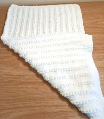 Hand Knitted In Acrylic Dk Banded Lacy Design Large White Baby Blanket • £13.75
