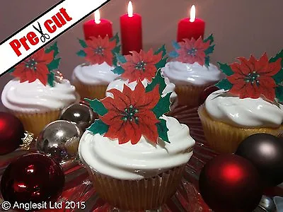 24 X Pre-cut Christmas Poinsettia Edible Wafer Paper Cup Cake Topper Decorations • £4.89