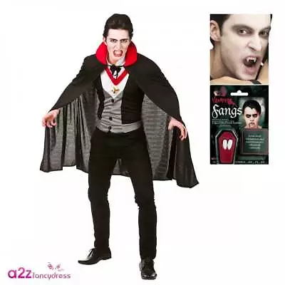 Mens Bloodthirsty Vampire Costume + Funworld Dracula Fangs Halloween Fancy Dress • £16.99