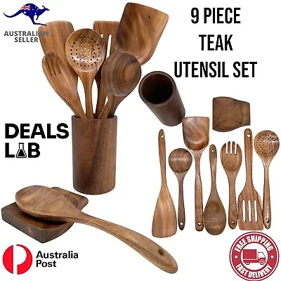 $59.99 • Buy 9 Piece Teak Utensil Set With Holder Kitchen Cooking Set Wooden Natural Timber