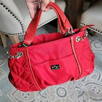 Mario Hernandez Red Satchel Purse Silver Chain Quilted Sides Handbag Nylon • $59.99