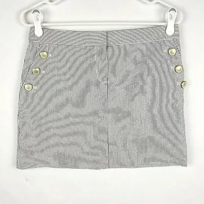 J Crew Sz 4 Mini Skirt Black White Stripe Seersucker Nautical Gold Buttons • $16.83