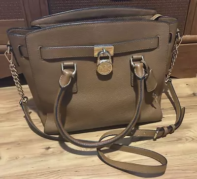 Michael Kors Hamilton Shoulder Bag Brown Leather Satchel Lock Key Gold Tone • $49.99