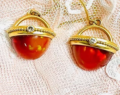 Estate HUGE 60+ Ct Antique Mexican Orange FIRE OPAL Earrings In 22k Gold Diamond • $1999