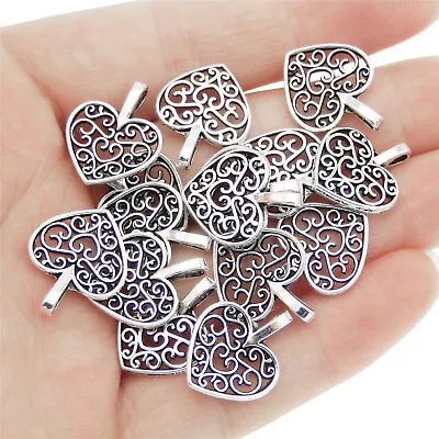 100-pack Antiqued Silver Metal Hollowed Floral Love Heart Pendant Charms 16x15mm • £4.55