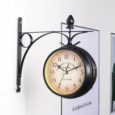 £12.94 • Buy Wall Clock Ornament Garden Double Sided Clock Station Hanging Bracket Outdoor