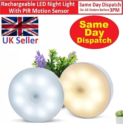 Led Motion Sensor Light USB Rechargeable PIR Wall Cabinet Stair Night Light Lamp • £4.69
