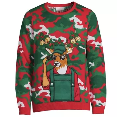 3XL Ugly Christmas Sweater Deer Hunting Camouflage Built-in Drink Holder Men • $25.77