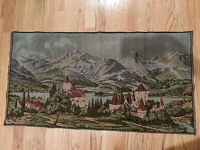 Vtg Belgium Tapestry Village Castle Lake Mountains Scene 38x20 • $85