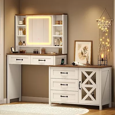 Glass Top Vanity Desk With LED Mirror Farmhouse Makeup Vanity Desk With Cabinet • $279.89