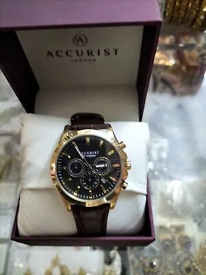Accurist London Ms644 Gent's Gold Tone Leather Strap Black Face Watch Brand New. • £45.99