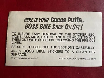 1977 Cereal Premiums Cocoa Puffs Boss Bike Stick-on Set Vintage General Mills • $14.40