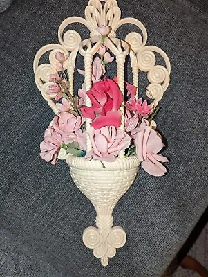 Vintage Burwood White Wall Pocket Basket Decor 1972 W/ Pink Plastic Floral Spray • $15