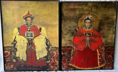 Old Vintage Oil Painting Portraits Chinese Elder Ancestor Portrait Man Woman Art • $198.75