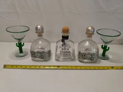 Vintage Set Of Patron Tequila Bottles And Cactus Margarita Glasses • $125