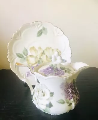 Vintage Somerton Green England Teapot And Plate Set - Lilacs And Roses Unused • $69