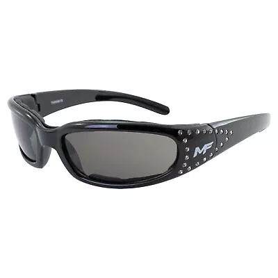 MF Womens Padded Motorcycle Riding Glasses Rhinestone Black Frame Smoke Lens • $12.99