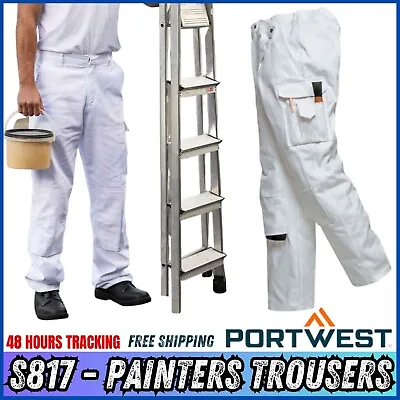 PORTWEST White Painters Trousers Multi-Pocket 100% Cotton Work Pant S817 UK • £6.49