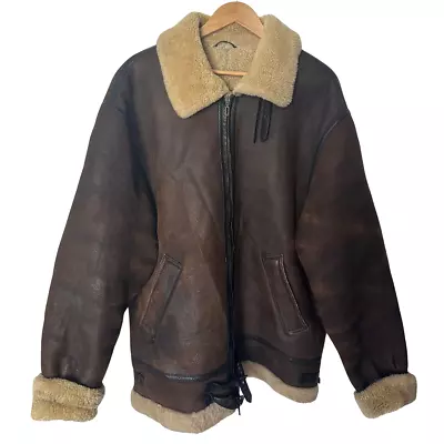 Vintage Mens Aviator B3 Flight Brown Leather Sheepskin Shearling Bomber Jacket • £125