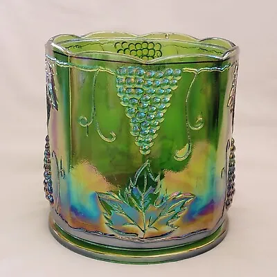 Harvest Grape Iridescent Green Carnival Glass Canister Jar NO Lid 8 Side Vintage • $29.75