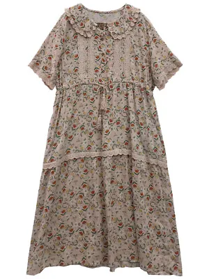 Womens Dress Summer Retro Short Sleeve Floral Print Dress Mori Girl Long Beach  • $62.37